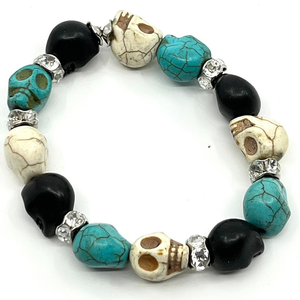 Vintage Y2K Goth Multi Color Carved Skull Stretch Bracelet Rhinestone‎ Accents